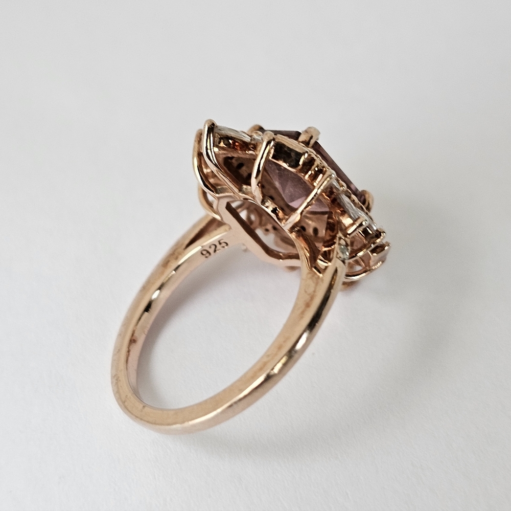 Art Deco Style Morganite & Diamond Simulants 18K Rose Gold Sterling Silver Sz 5 - Picture 5 of 8